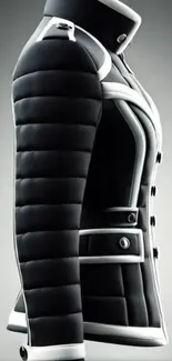 Black quilted jacket with white accents on display.