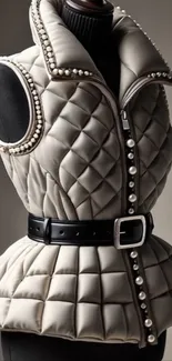 Quilted vest with pearls and black belt displayed.