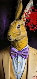 Dapper rabbit in a suit with purple bow tie and red splashes.