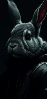 Stylish rabbit in a leather jacket on a dark background.