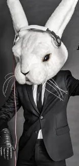 Rabbit in suit with headphones on dark background.