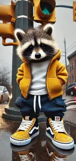 Raccoon in yellow jacket stands on urban street.