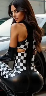 Woman in checkered outfit by car.