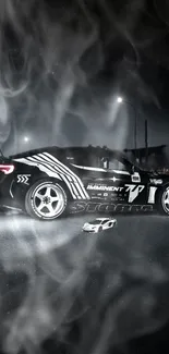 Racing car with smoke at night, creating a dramatic mobile wallpaper.