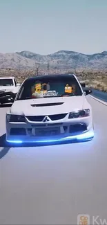 White racing car with blue lights on a desert highway.