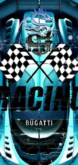 Dynamic Bugatti racing car with checkered flags on a blue background.