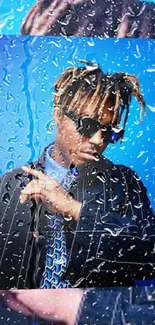 Stylish portrait wallpaper with raindrop effect on a blue background.