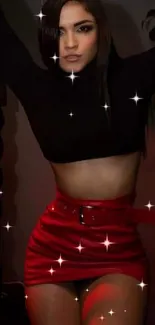 Woman in red skirt with black top and star effects.