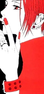 Anime character with red hair and attire, smoking, in stylish art.