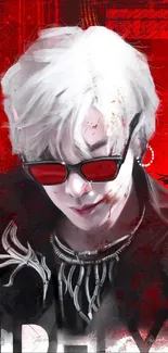 Stylish figure with red accents and sunglasses in artistic wallpaper.