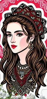 Intricate red graphic portrait on a mobile wallpaper.