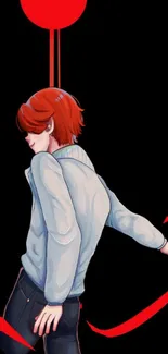 Anime character with red hair, sleek design, and dynamic red and black elements.