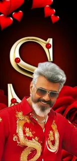 Stylish person in red with hearts and roses on a black background.