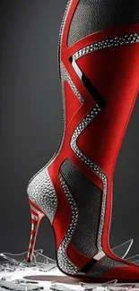Artistic red high heels with avant-garde design on glass shards.