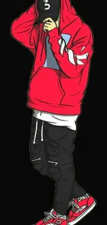 Stylish figure in a red hoodie with a black background.