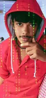 Young man in red hoodie posing stylishly indoors.