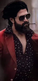 Man wearing a red jacket with sunglasses and beard in a stylish pose.