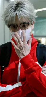 Person in a red jacket with glasses and mask, exuding modern fashion.