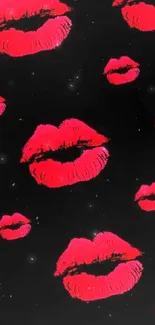 Mobile wallpaper with red lip prints on a black background.