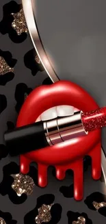 Red lipstick with glittery black and gold background design.