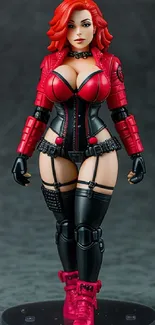 Figure in red and black outfit with bold design.