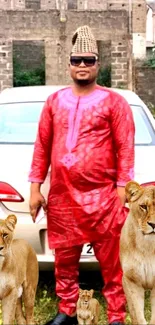 Man in red attire with lions in urban backdrop.