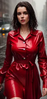 Woman in red raincoat walking on rainy city street.