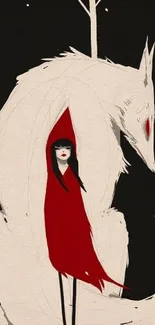 Illustration of a woman in red cloak with abstract white wolf.