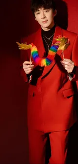 Person in a stylish red suit holding a colorful garland on a red background.