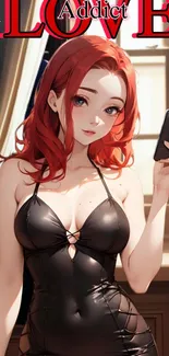 Anime redhead in black dress holding a phone, by window.