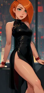 Redhead character in black dress with cyberpunk city background.