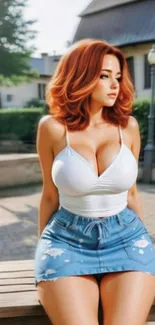 Redhead woman in stylish summer outfit outdoors.