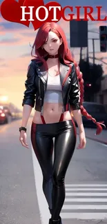 Stylish redhead character in leather jacket crossing an urban street.