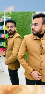 Man in brown jacket reflected in mirror with green backdrop.