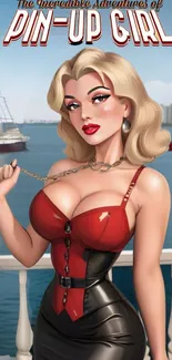 Retro pin-up girl in red and black outfit with nautical background.