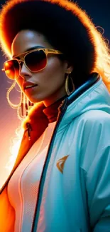 Stylish woman with sunglasses in vibrant retro attire under sunset glow.