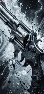 Black and white revolver art with abstract splash design.