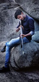 Young man with rifle sitting on rocky terrain in stylish pose.