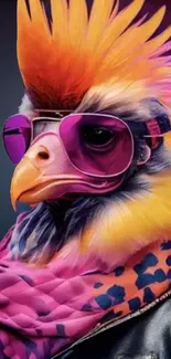 A stylish rooster wearing sunglasses with vibrant orange and purple hues.