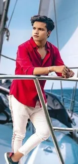 Young man in red shirt on a sailboat, ocean background.