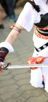 Samurai warrior cosplay with sword and detailed costume.