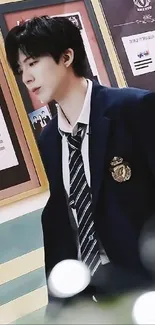 Stylish individual in a school uniform against a classroom setting.