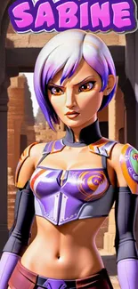 Animated sci-fi character in purple outfit against ancient ruins.