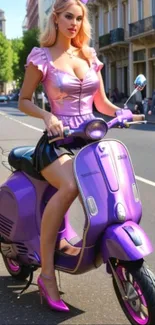 Chic woman on a purple scooter in a city street setting.