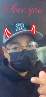 Person wearing cap and mask with red devil horns effect