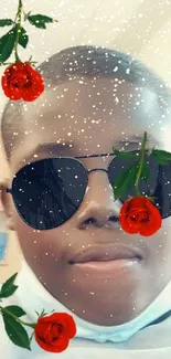 Person with sunglasses and red roses overlay on light blue background.