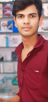 Young man in maroon shirt in store setting.