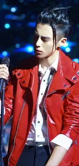 Singer in a striking red jacket on stage with dramatic lighting.