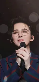 Young singer with glasses holding a microphone, fashionably styled.