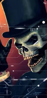 Skeleton wearing a top hat with futuristic background.